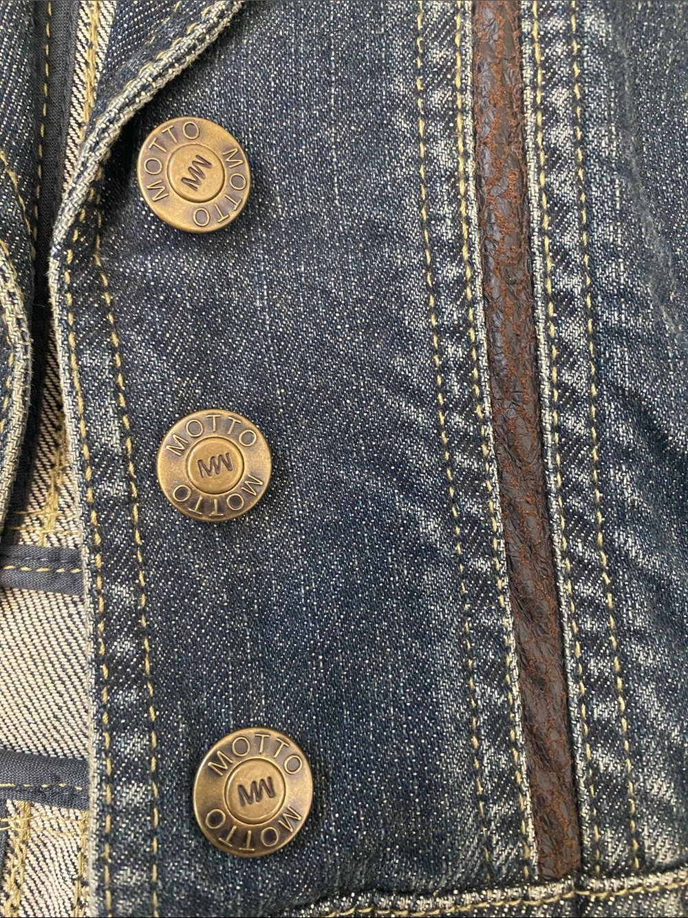 MOTTO Dark Blue Distressed Denim Blazer Jacket with Leather Trim Long Line - Picture 5 of 8